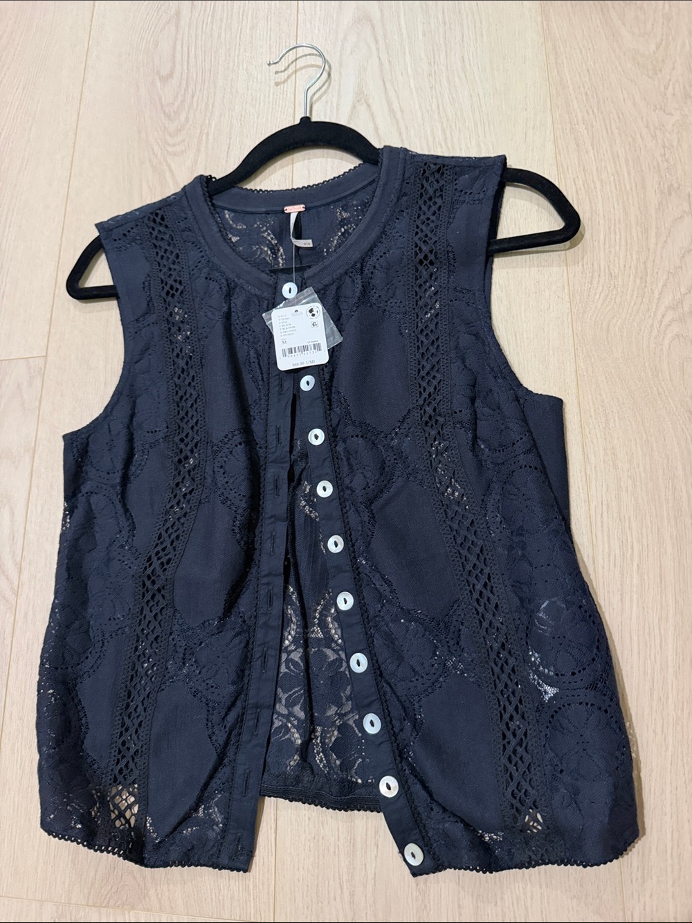 Free People Navy Eyelet Lace Sleeveless Button-Down Top